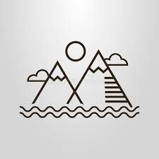 Simple Vector Line Art Pictogram Of Simple Landscape With Mountains Water Waves Clouds And Sun Stock Vector Illustration Of Name Emblem 119616775