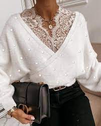 Beaded Lace Trim Fluffy Wrap Top Jaydress