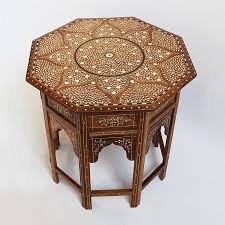 Carved Wood Octagonal Side Table With Intricate Bone Inlay Design Hand Crafted Octagonal Side Table Handmade Stool Bone Inlay Furniture