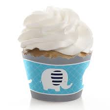 Boy elephant baby shower cupcakes. Blue Elephant Boy Baby Shower Or Birthday Decorations Party Cupcake Wrappers Set Of 12 Bigdotofhappiness Com
