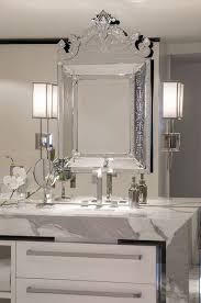 Elegant Bathroom Features A Mirrored Accent Wall Adorned With A Venetian Mirror Flanked By Con Mirror Wall Living Room Mirror Wall Bathroom Mirror Wall Bedroom