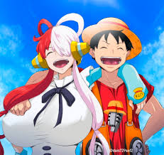 dais729sof, monkey d. luffy, uta (one piece), one piece, 1boy, 1girl,  breasts, huge breasts, open mouth, smile 