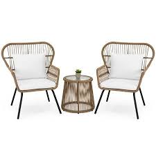 Best Choice Products 3 Piece Patio Wicker Conversation Bistro Set W 2 Chairs Glass Top Side Table Cushions Tan Walmart Com In 2020 Backyard Furniture Bistro Furniture Wicker Patio Furniture