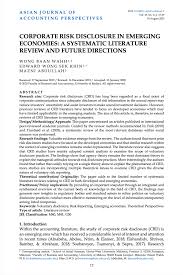 Covering various fields of accounting, asian review of accounting publishes research papers, commentary notes, review papers and practitioner oriented articles that address significant international issues as well as those that focus on asia pacific in particular. Corporate Risk Disclosure In Emerging Economies A Systematic Literature Review And Future Directions Asian Journal Of Accounting Perspectives