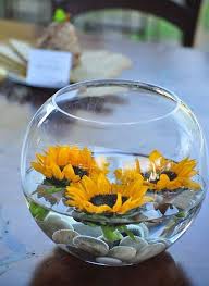 Sunflowers Floating Small River Stones Small Round Vase How To Make Flower Arrangemen In 2020 Sunflower Wedding Decorations Sunflower Wedding Fall Wedding Centerpieces
