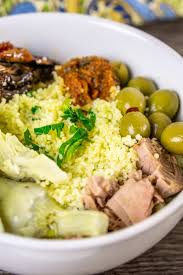 Once the remaining ingredients are stirred in, the dish is ready to serve. Mediterranean Couscous Tuna Bowls Babaganosh