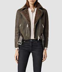 Womens Merino Lands Biker Jacket Anthracite Allsaints Com Clothes Leather Jackets Women Shearling Coat