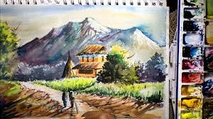 Beautiful Mountain Village Scenery Painting Watercolor Nature Paintin Scenery Paintings Nature Paintings Watercolor Landscape Paintings