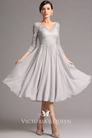 Tea Length Grey Vintage Lace Chiffon A Line Prom Dress Cocktail Dresses With Sleeves Tea Length Dresses Tea Length Wedding Dress