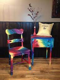 The color dye i use to dye wood is most commonly used to dye fabric. Tie Dye Wood Table Chair Bright Painted Furniture Dyed Wood Tie Dye Room