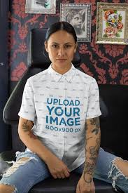 Placeit Sublimated Button Up Shirt Mockup Of A Serious Tattooed Woman In 2020 Shirt Mockup Clothing Mockup Women