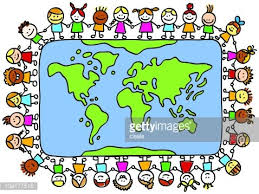 Children holding hands around the world. Happy Children Holding Hands Around World Map Cartoon Clipart Image