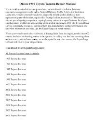 If available, you can also access the emergency response guide and dismantling manual for your vehicle*. 1996 Toyota Tacoma Repair Manual Online