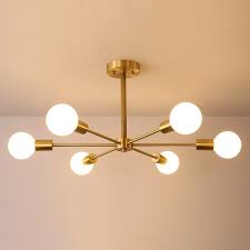 Mid Century Modern Branching 6 Light Semi Flush Mount Dimmable In Brass Bedroom Dinning Room Ceilin Gold Ceiling Light Modern Ceiling Light Brass Ceiling Light