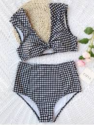 Black And White Swimsuits Women S Checked Tie Front High Waisted Bikini Plaid Bikinis High Bikini Checkered Bathing Suit