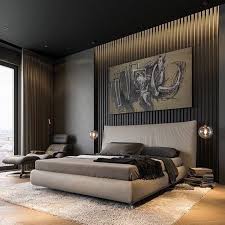 Floor To Ceiling Drapery At The Windows And Behind The Bed Help Create The Rich Ambiance In Modern Bedroom Interior Modern Bedroom Design Dark Interior Design