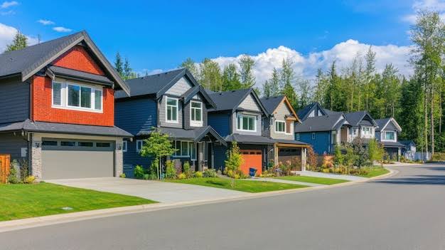 A row of colorful houses with a blue sky and trees in the background | Premium AI-generated image