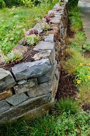 A Dry Laid Stone Wall With Habitat Meadow Plantings And Top Dressed With Succulents Dry Stone Wall Ibiza Garden Landscaping With Boulders