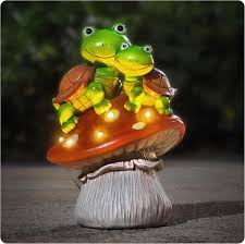 ソーラーガーデンオーナメント - オレンジマッシュルームとかわいいカメ、耐候性樹脂装飾 庭、パティオ、ギフト用