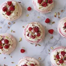 Turkish Delight Mini Pavlovas Rose Meringues Topped With Whipped Cream Fresh Raspberries Slivered Pistachios Turkish Delight Food Desserts Pavlova Recipe