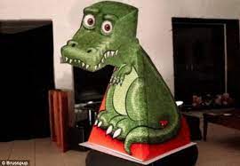 Red bandana with gold filigree that covers the lower face. T Rex Seems To Watch Your Every Move Even Though It S Still Daily Mail Online