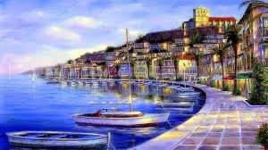 Ibiza Painting City Cityscape Water Sky Canvas Art Evening Paint Boat Artwork Painting Art Romantic Promenade 1080p W Cityscape Ibiza Wallpaper