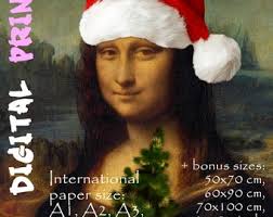Mona Lisa in Santa Hat with Christmas Tree print, Funny Altered art poster,  Digital Download Printable, Renaissance painting, Vintage print