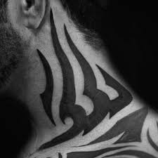 Black and white designer tattoo on neck. 40 Tribal Neck Tattoos For Men Manly Ink Ideas