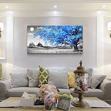 This piece of wall art is delicate and ornate. Wall Art For Living Room Simple Life Blue Moon Tree Landscape Abstract Painting Office Wall Decor