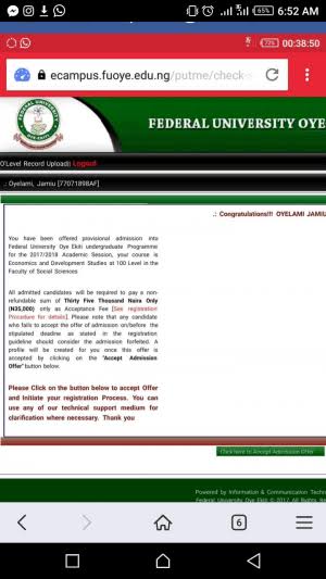 FUOYE admission list 2026/2027 checking portal screenshot