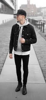 Itzmarvinn Monochrome Fall Outfit Idea With A Black Denim Jacket Gray Hoody Black Hat Glasses White T Mens Outfits Mens Fashion Casual Mens Clothing Styles
