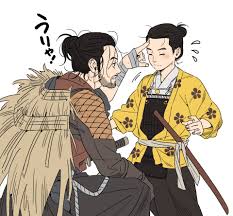 yukko93, sakai jin, ghost of tsushima, commentary request, > <,  2boys, aged down, arm on knee, armor, bandaged arm, bandaged hand,  bandages, black eyes, black hair, black hakama, blush, bokken, cape, closed