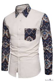 Color Block Floral Printed Lapel Collar Long Sleeve Buttons Down Shirt In 2020 African Shirts For Men African Men Fashion Mens Shirts