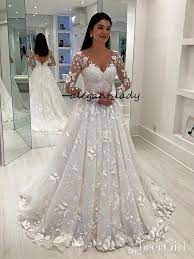 Discount Long Sleeve Vintage Lace Wedding Dresses 2019 Modest V Neck Full Length Lace 3d Floral Princess Church Bridal Gowns Wedding Dress Buy Wedding Dresses C Wedding Dress Sleeves Lace Wedding
