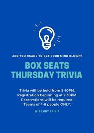 Wiseguy trivia the organization that vincent terranova worked for was the ocb (organized crime bureau). Box Seats Thursday Trivia Box Seats North Attleboro September 10 2020 Allevents In