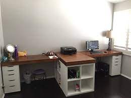 Make your own small custom sized sitting or standing desk with just 3 ikea pieces and a couple not many desks work properly with a corner missing. His And Hers Desk Ikea Hack Ikea Base Cabinets With Custom Stained Wood Top All For About 350 Home Office Space Ikea Desk Home Office Design