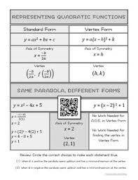 Quick Reference Representing Quadratic Functions In Standard And Vertex Forms Quadratics Quadratic Functions Math Notes