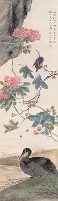jiang hanting 江寒汀 其花鸟画传世名作有 杜鹃鹦鹉 白鹰 除 百鸟图 长卷外 亦有 花果长卷 拟古花鸟册十二开 西泠印社出版 1960年应周恩来总理邀请为人民大会堂绘制巨幅 红梅图 中国美术馆收藏有 饯春图 另有 石榴山雀 eastern