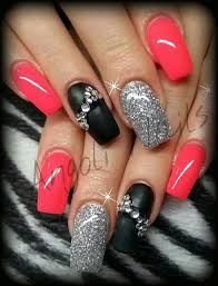 Red Black And Silver Glitter Nails Matte Black Silver Glitter Neon Pink Bling Nails Silver Nails Rhinestone Nails Bling Nails