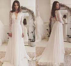 Discount Lace Chiffon Long Sleeve Plus Size Wedding Dresses Simple Cheap V Neck Backless Sweep Train Country Flowy Beach Wedding Gown The Best Wedding Dresses V Boho Bridal Gowns Best Wedding