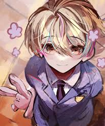u-sama (u summer0719), haninozuka mitsukuni, ouran high school host club,  absurdres, commentary request, highres, 1boy, blonde hair, blue jacket,  brown eyes, close-up, floral background, flower, from above, hair between  eyes, jacket, long
