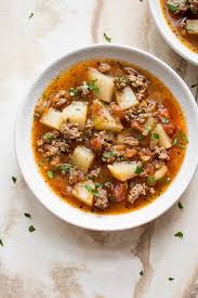 Add broth, canned tomatoes, stew meat, potatoes, worcestershire sauce and spices to the instant pot. Instant Pot Hamburger Soup Salt Lavender