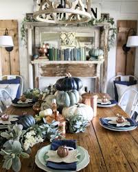 Farmhouse Fall Dining Room Decor Navy And Copper Pumpkins Cotton Stem Fall Dining Room Fall Dining Table Autumn Dining