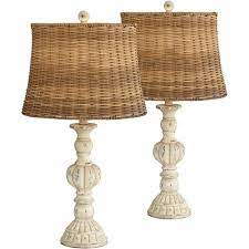 Rich reds, sea glass colors, vibrant tangerine and a palette of greens, yellows, purples, pinks and robust blue coastal style table lamps including, aqua, turquoise or navy. John Timberland Country Cottage Table Lamps Set Of 2 Antique White Candlestick Rattan Tapered Drum Shade For Living Room Bedroom Target