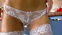 Petite and pretty brown hairy woman sits in office and masturbates in sheer stockings and strappy high heels. Pretty Brunette Masturbates In Sheer Stockings