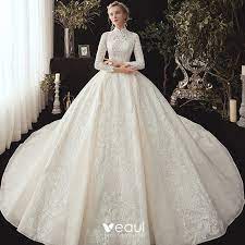 Chinese Style Muslim Champagne Lace Wedding Dresses 2020 Ball Gown High Neck Long Sleeve Applique Dubai Wedding Dress Modest Wedding Dresses Ball Gowns Wedding