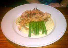 Soft Shell Crab Resting On A Potato Cake With Roasted Asparagus And Mustard Beurre Blanc At Clyde S Of Chevy Chase Roasted Asparagus Potato Cakes Food