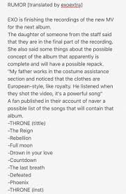 Gần đây chanbaek có vẻ thân trở lại vì thấy nhiều rumor đi chơi riêng mua đồ cùng nhau. Rumors About Exo S Comeback Title Track Is Throne Track List Full Concept Exo Is About To Finish Filming The Mv Celebrity News Gossip Onehallyu