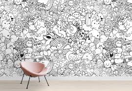 Bedroom Black And White Wall Mural Kids Room Doodles Wallpaper Nursery Wall Murals Black White Etsy Dekorasi