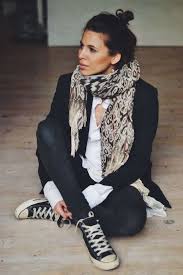 How To Wear High Top Converse With Skinny Jeans Le Fashion Blog Ways To Wear Black High Top Converse Sneakers Top Knot Print Scarf Skinny Jeans Blogger Style Via Maja Wyh Fashion Style Street Style